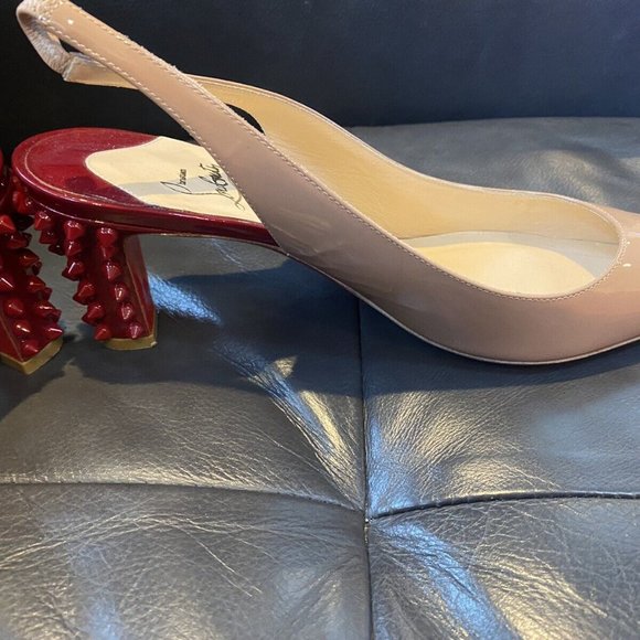 Louboutin Tan Nude Spike Red Heel & Red Bottom Slingbacks 39 Worn Once - Picture 8 of 11